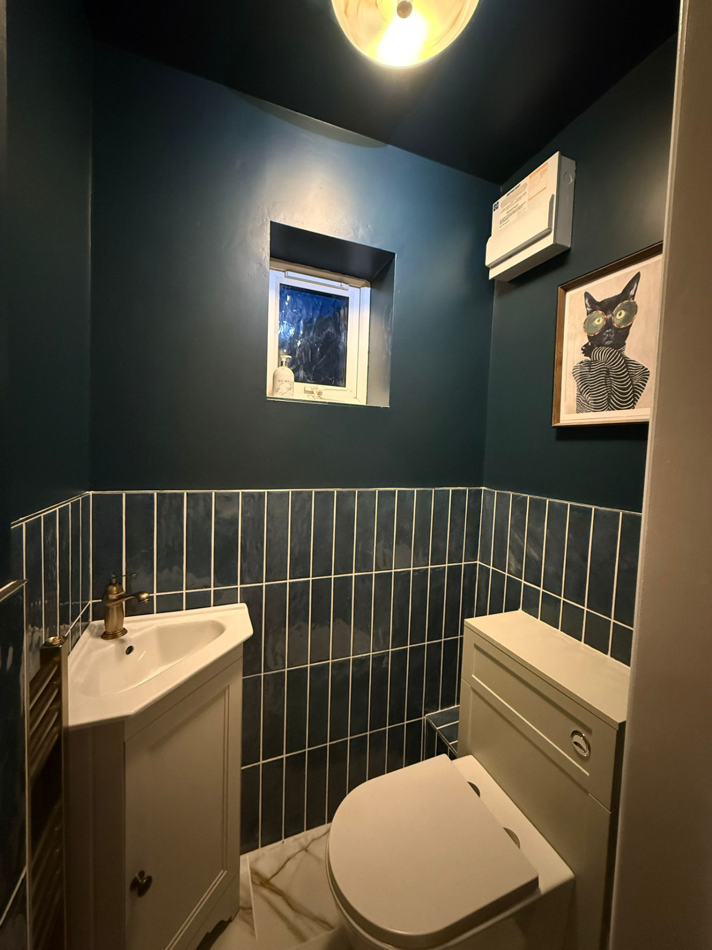 Cloakroom refurbishment with navy tiles, brass tap, basin and WC